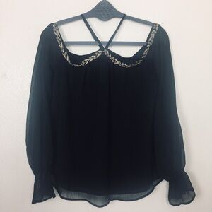 Talori Blouse Off Shoulder Black Gold Leaves Design Size Small